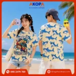 Mẫu áo nhóm đi biển màu vàng kem với họa tiết cá mập in full độc đáo và slogan "Nguyên Team Đi Chơi Hết". Thiết kế trẻ trung, chất vải mềm mát, thoáng khí, phù hợp cho nhóm bạn, du lịch, team building, cắm trại và những chuyến vi vu mùa hè đầy năng lượng.
