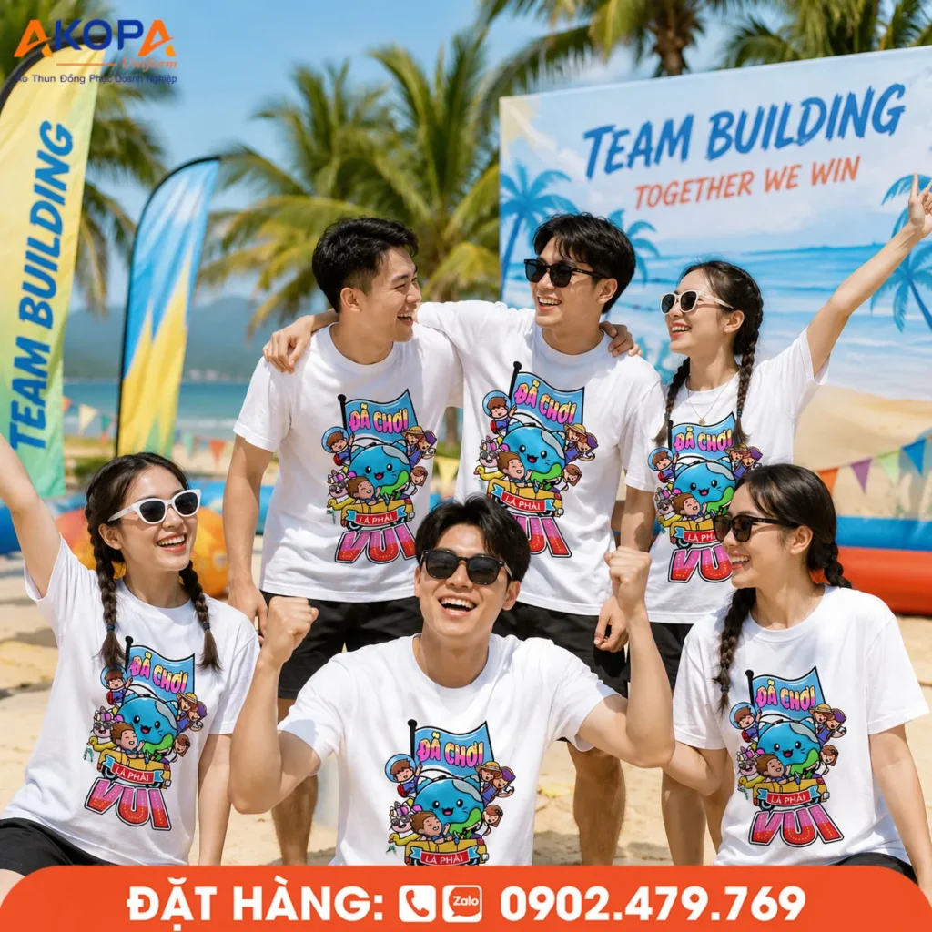 Áo phông team building in theo yêu cầu với thiết kế nổi bật, phù hợp cho doanh nghiệp tổ chức du lịch biển, hoạt động teambuilding và sự kiện ngoài trời, giúp gắn kết đội ngũ và lan tỏa tinh thần đồng đội.