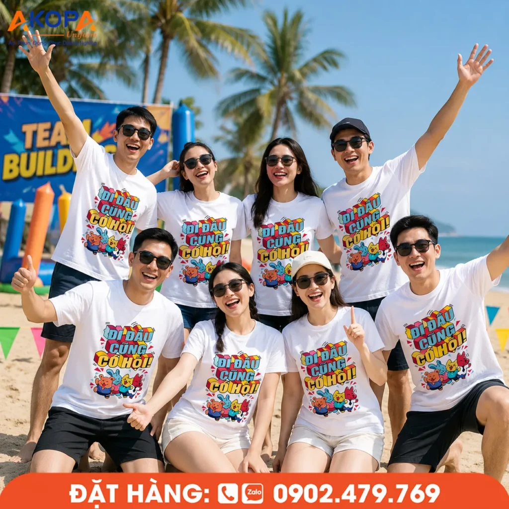 Áo phông team building với thiết kế sáng tạo, thích hợp cho doanh nghiệp, hội nhóm và công ty tổ chức du lịch biển, tạo sự đồng bộ, nổi bật và gắn kết trong mọi hoạt động tập thể.
