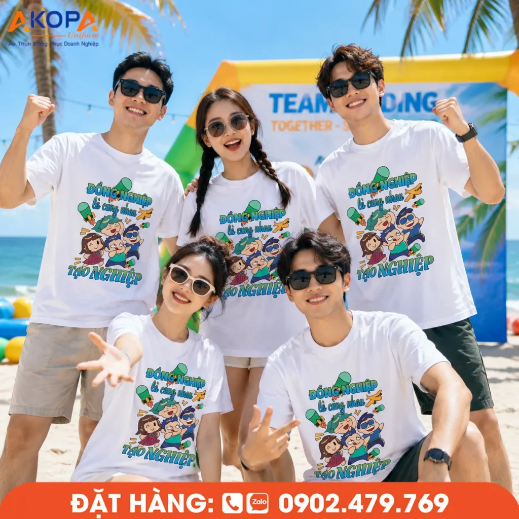 Áo phông team building in theo yêu cầu dành cho doanh nghiệp, thiết kế hiện đại, phù hợp cho du lịch biển, hoạt động gắn kết nhân viên và xây dựng văn hóa đội ngũ trong các chương trình tập thể.