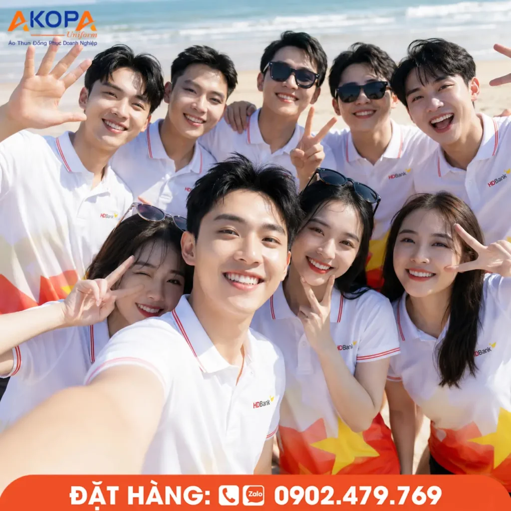 Áo polo team building màu trắng phối họa tiết nổi bật là lựa chọn lý tưởng cho các chuyến du lịch biển và hoạt động gắn kết tập thể. Thiết kế trẻ trung, chất liệu thoáng mát cùng phong cách đồng bộ giúp lưu giữ những khoảnh khắc selfie vui vẻ và đáng nhớ của cả đội.