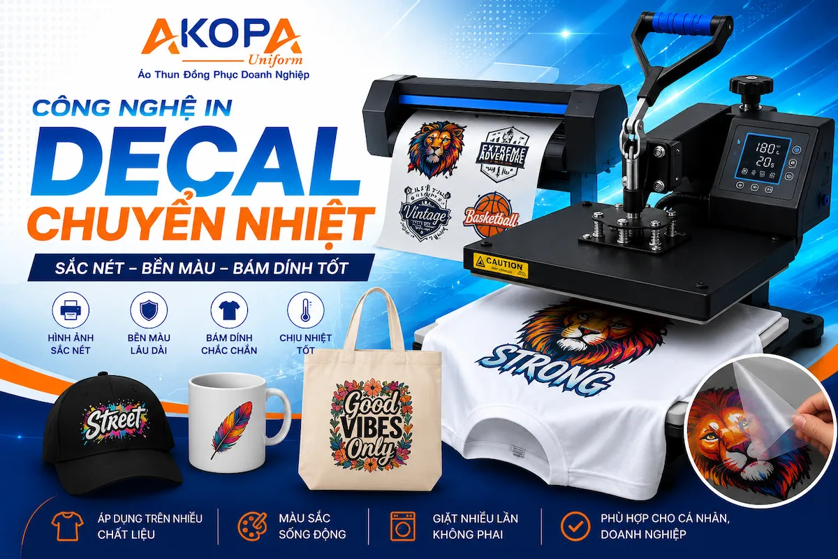 Hình ảnh minh họa công nghệ in decal chuyển nhiệt tại AKOPA, ứng dụng trên áo thun đồng phục, áo sự kiện và áo thể thao với ưu điểm sắc nét, bền màu và độ bám dính cao.
