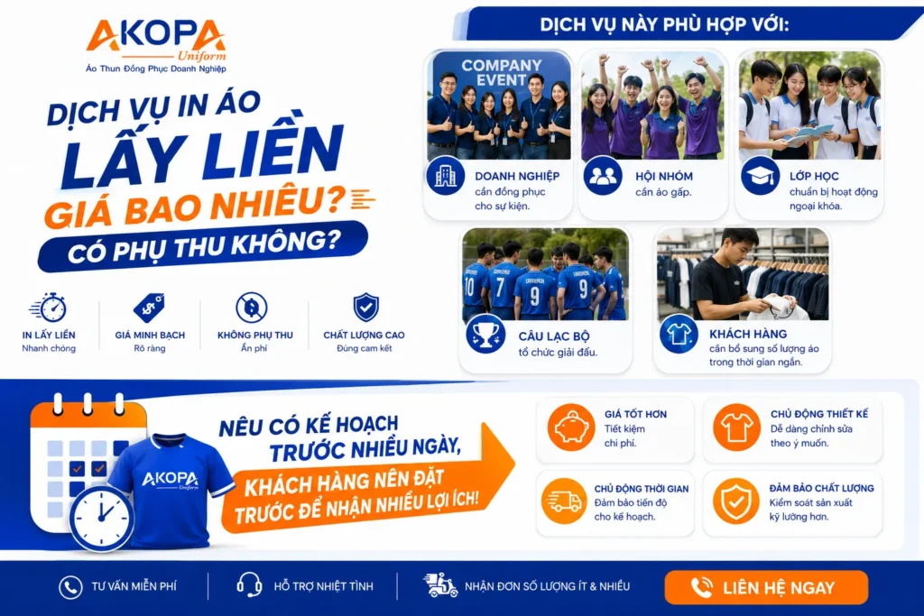 Infographic dịch vụ in áo lấy liền của AKOPA Uniform dành cho doanh nghiệp tổ chức sự kiện, hội nhóm, lớp học, câu lạc bộ và khách hàng cần bổ sung số lượng áo gấp