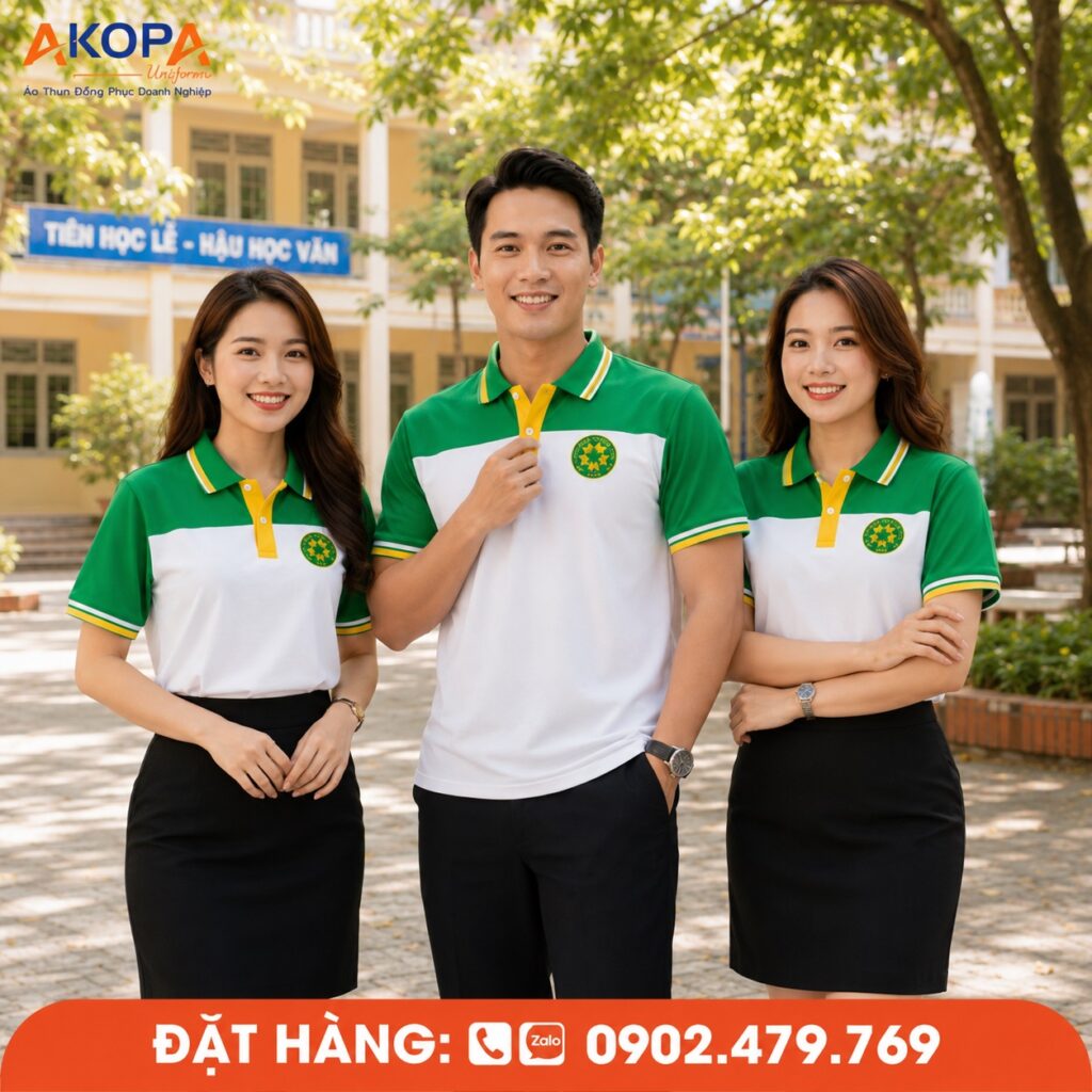 mẫu áo đồng phục họp lớp 15 năm đẹp màu trắng phối xanh lá