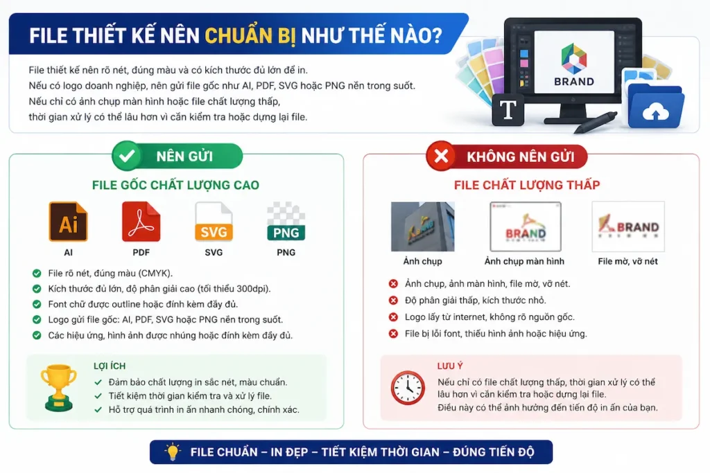 Infographic hướng dẫn cách chuẩn bị file thiết kế trước khi in áo lấy liền. Hình ảnh minh họa các định dạng file nên gửi như AI, PDF, SVG, PNG nền trong suốt và những loại file chất lượng thấp cần tránh. Chuẩn bị đúng file thiết kế giúp hình in sắc nét, đúng màu, tiết kiệm thời gian xử lý và đảm bảo tiến độ sản xuất áo đồng phục tại AKOPA.