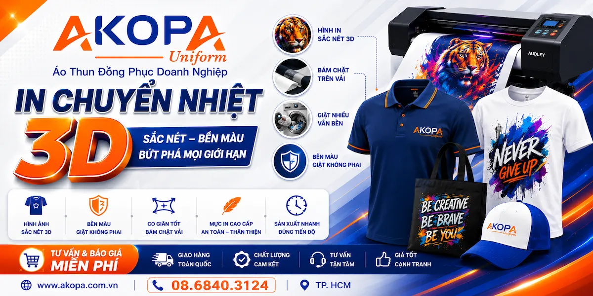 công nghệ in chuyển nhiệt 3D của AKOPA Uniform với khả năng in hình ảnh nhiều màu sắc, độ bền cao, bám màu tốt trên vải polyester, phù hợp cho đồng phục doanh nghiệp, áo team building, áo sự kiện và áo quảng cáo.