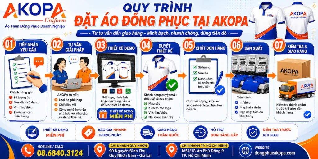 Infographic mô tả chi tiết 7 bước đặt áo đồng phục tại AKOPA, bao gồm tiếp nhận yêu cầu, tư vấn chất liệu, thiết kế demo miễn phí, duyệt mẫu, chốt số lượng, sản xuất và giao hàng toàn quốc. Liên hệ 08.6840.3124 để được tư vấn và báo giá nhanh.