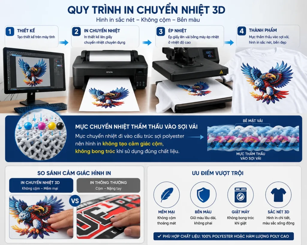 Infographic mô tả công nghệ in chuyển nhiệt 3D trên áo polyester với hình in sắc nét và không bong tróc