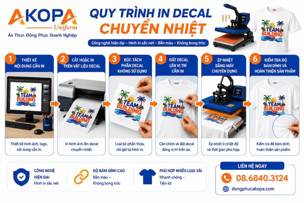Infographic mô tả chi tiết quy trình in decal chuyển nhiệt lên áo đồng phục tại AKOPA. Quy trình gồm thiết kế nội dung, in decal, bóc tách decal, đặt vị trí in, ép nhiệt bằng máy chuyên dụng và kiểm tra độ bám dính trước khi hoàn thiện sản phẩm.