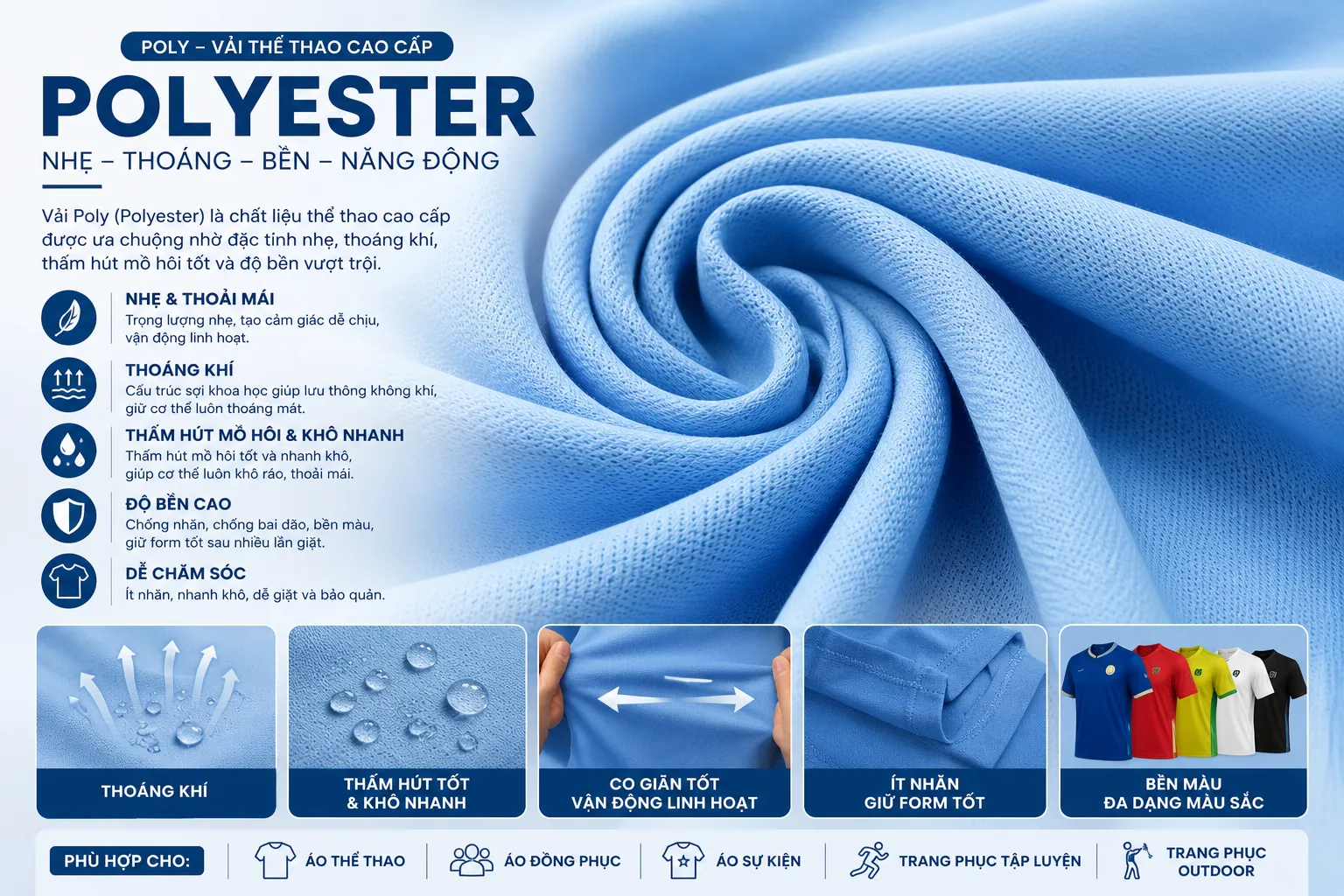 Hình ảnh chất liệu vải Polyester thể thao cao cấp với ưu điểm thoáng khí, thấm hút mồ hôi, nhanh khô, ít nhăn và bền màu. Phù hợp may áo đồng phục thể thao, áo teambuilding, áo sự kiện và áo phông nhóm.
