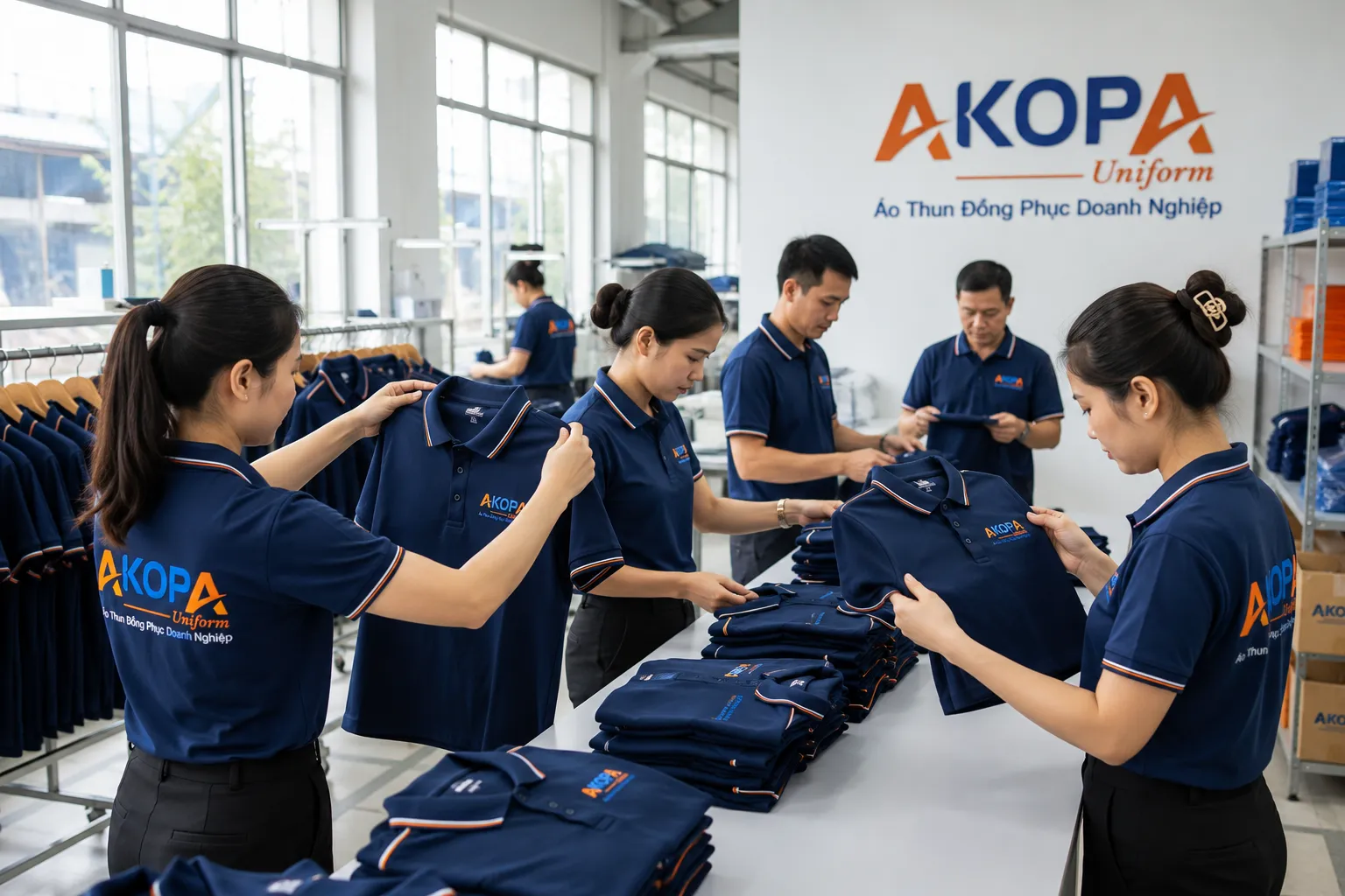 Hình ảnh đội ngũ AKOPA Uniform hỗ trợ khách hàng đặt áo polo đồng phục