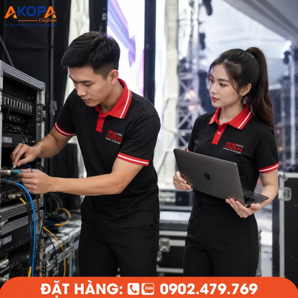 Áo Ban Tổ Chức sự kiện hỗ trợ vận hành khu vực kỹ thuật. Nhân sự kiểm tra hệ thống thiết bị, kết nối tín hiệu và giám sát chương trình, phù hợp cho sân khấu, hội nghị và các sự kiện chuyên nghiệp.