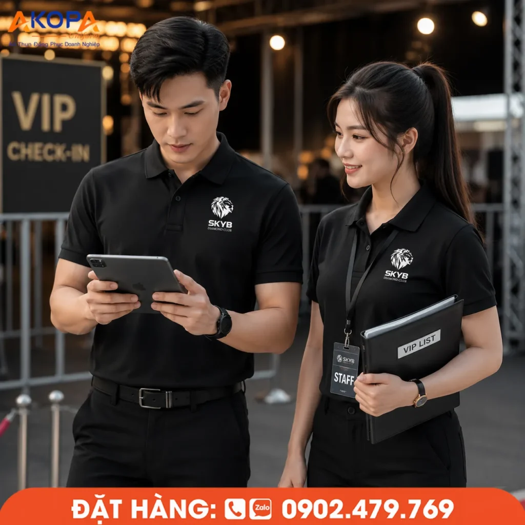 Áo Ban Tổ Chức sự kiện tại khu vực VIP Check-in. Nhân sự BTC kiểm tra danh sách khách mời, xác nhận thông tin và hỗ trợ đón tiếp, phù hợp cho hội nghị, gala, lễ ra mắt và sự kiện doanh nghiệp.