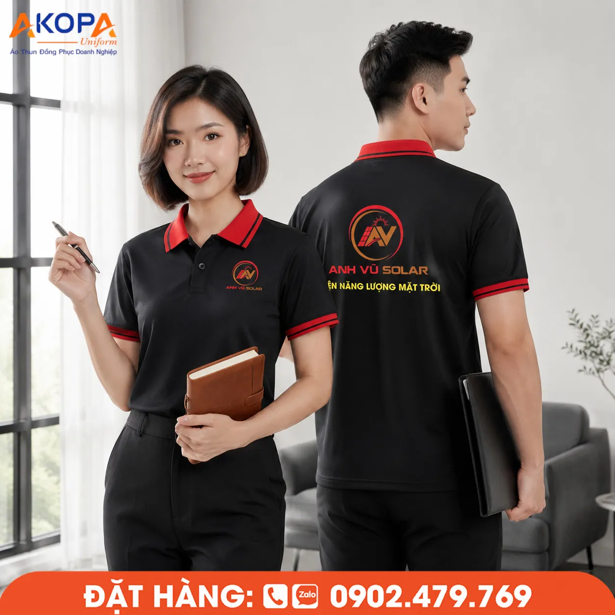 Áo polo đồng phục công sở màu đen phối cổ đỏ – AKOPA