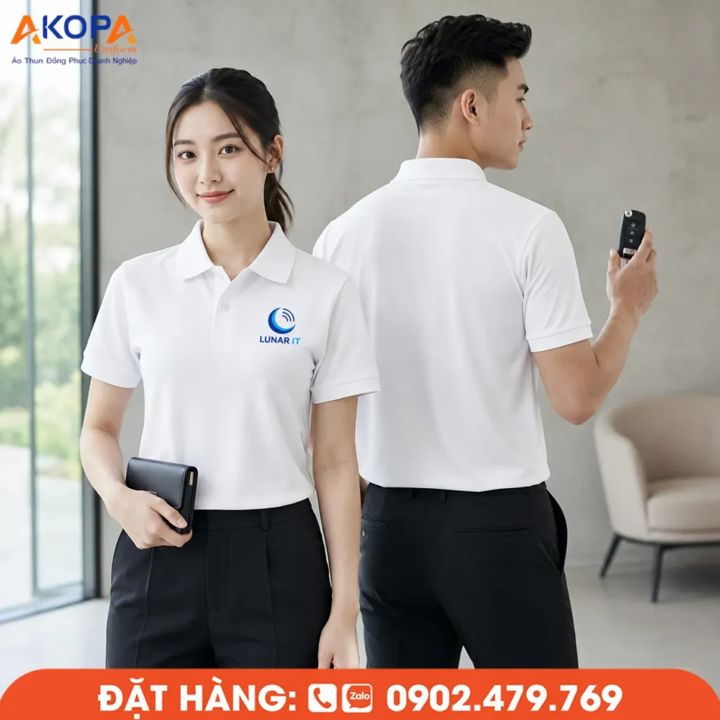 Áo đồng phục công sở màu trắng thiết kế tối giản, thanh lịch, mang đến hình ảnh chuyên nghiệp và hiện đại cho doanh nghiệp. Chất liệu thoáng mát, form mặc thoải mái, phù hợp cho công ty công nghệ, văn phòng và nhiều lĩnh vực dịch vụ khác.