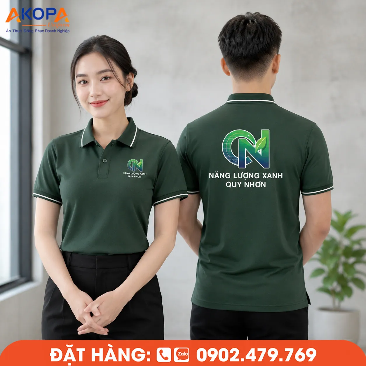 Áo polo đồng phục công sở màu xanh rêu nam nữ – AKOPA