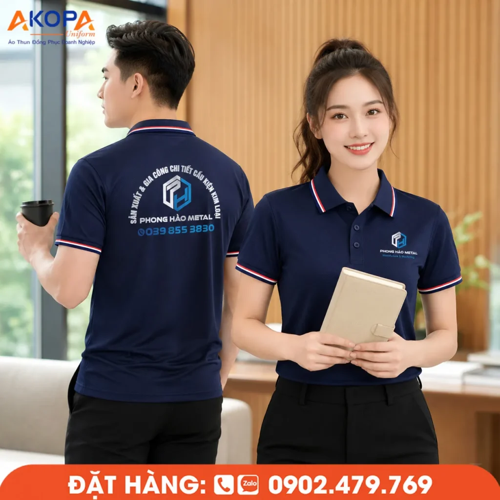 Áo đồng phục công sở màu xanh navy phối viền đỏ trắng mang đến vẻ ngoài chuyên nghiệp, hiện đại và bền đẹp. Thiết kế polo thanh lịch, phù hợp cho doanh nghiệp cơ khí, gia công kim loại, sản xuất và nhiều lĩnh vực kỹ thuật khác.
