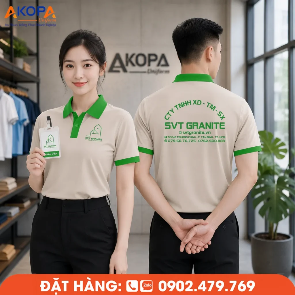 Áo đồng phục công sở phối màu kem – xanh lá hiện đại, thiết kế polo thanh lịch với chất liệu thoáng mát. Thích hợp cho doanh nghiệp xây dựng, nội thất, đá granite và nhiều ngành nghề cần hình ảnh chuyên nghiệp.