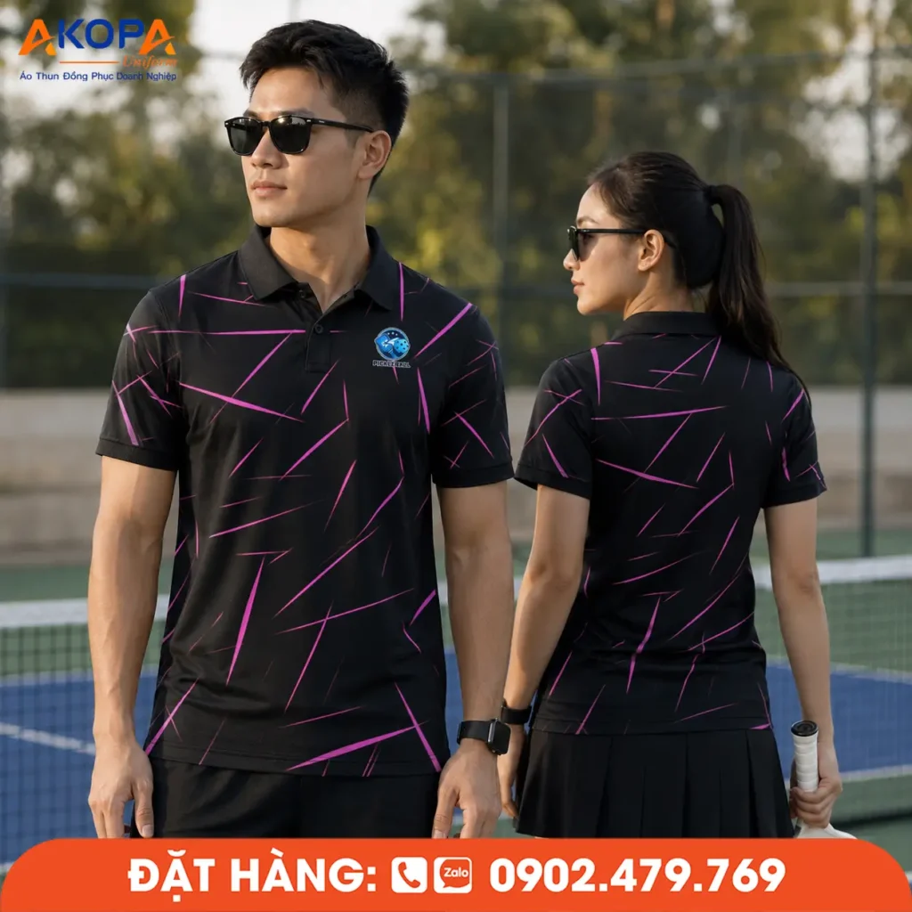 Mẫu áo đồng phục Pickleball có cổ màu đen phối họa tiết tím hiện đại, thể hiện rõ thiết kế mặt trước và mặt sau. Phù hợp cho câu lạc bộ, đội thi đấu và các giải Pickleball chuyên nghiệp.