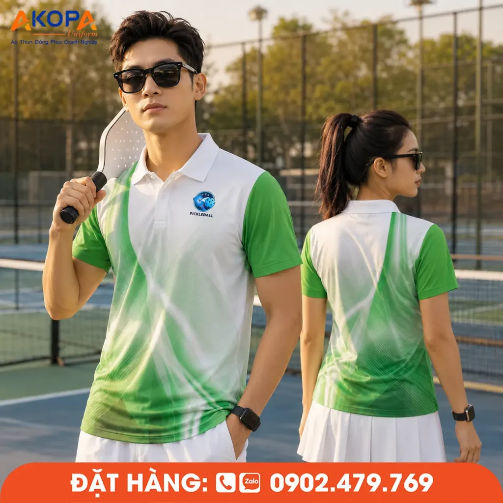 Mẫu áo đồng phục Pickleball có cổ phối trắng xanh lá với hiệu ứng chuyển màu mềm mại, mang phong cách hiện đại và năng động. Thích hợp cho câu lạc bộ, đội tuyển và các giải đấu Pickleball.