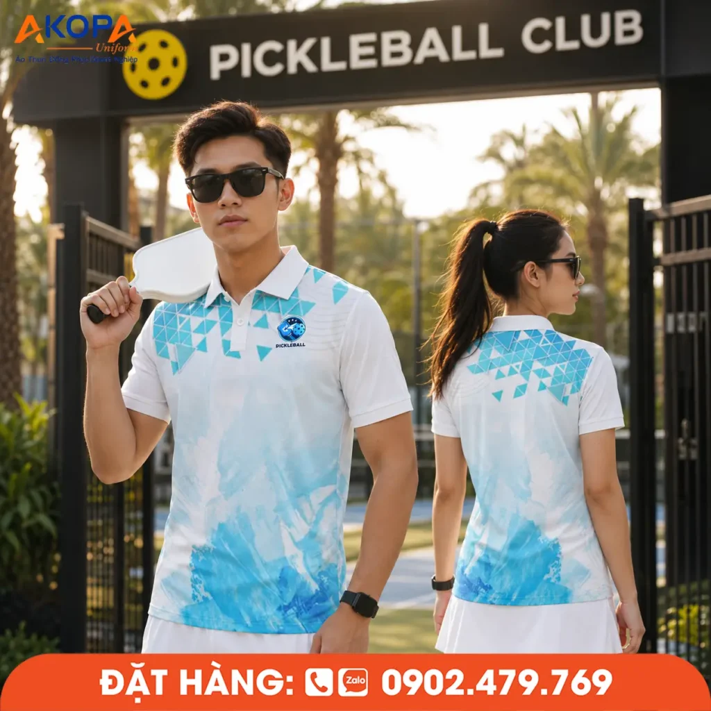 Mẫu áo đồng phục Pickleball có cổ phối trắng xanh với họa tiết tam giác và hiệu ứng màu nước hiện đại. Phù hợp cho câu lạc bộ, đội tuyển và các hoạt động thi đấu Pickleball.