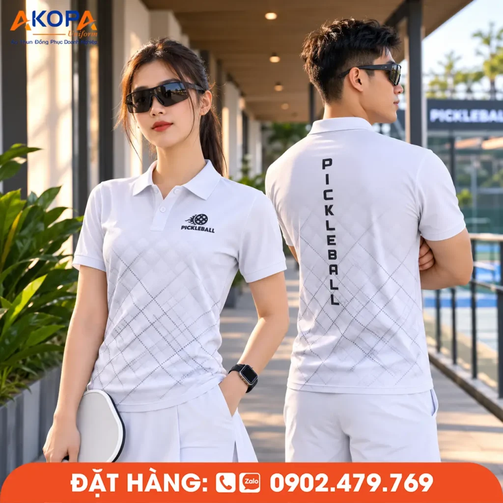 Mẫu áo đồng phục Pickleball có cổ màu trắng với họa tiết kẻ caro chìm tối giản, mang phong cách thanh lịch và hiện đại. Phù hợp cho câu lạc bộ, đội tuyển và các giải đấu Pickleball.