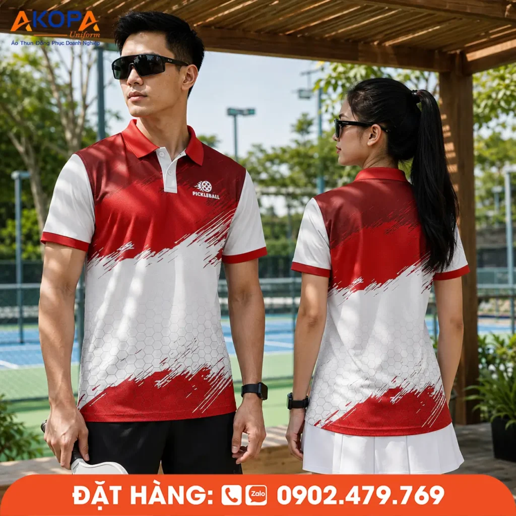 Mẫu áo đồng phục Pickleball phối đỏ – trắng nổi bật với họa tiết cọ sơn hiện đại, tạo phong cách mạnh mẽ và năng động. Phù hợp cho câu lạc bộ, đội nhóm và thi đấu Pickleball chuyên nghiệp.