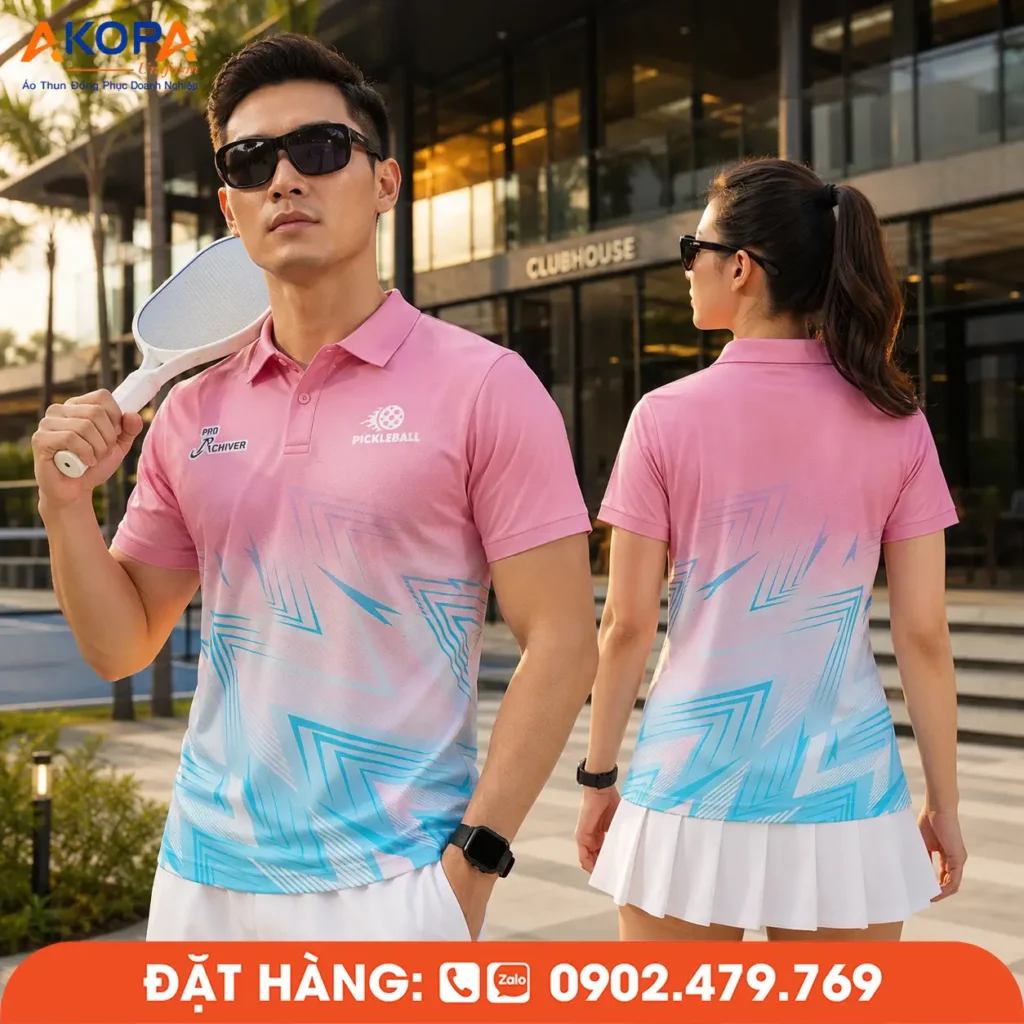Mẫu áo đồng phục Pickleball phối hồng – xanh trẻ trung với họa tiết hình học hiện đại, nổi bật cả mặt trước và mặt sau. Chất liệu thoáng mát, phù hợp luyện tập, thi đấu và đồng phục câu lạc bộ.