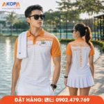 Mẫu áo đồng phục Pickleball trắng phối cam với họa tiết sọc hiện đại, nổi bật mặt trước và mặt sau. Chất liệu thoáng mát, co giãn tốt, phù hợp luyện tập, thi đấu và đồng phục câu lạc bộ.