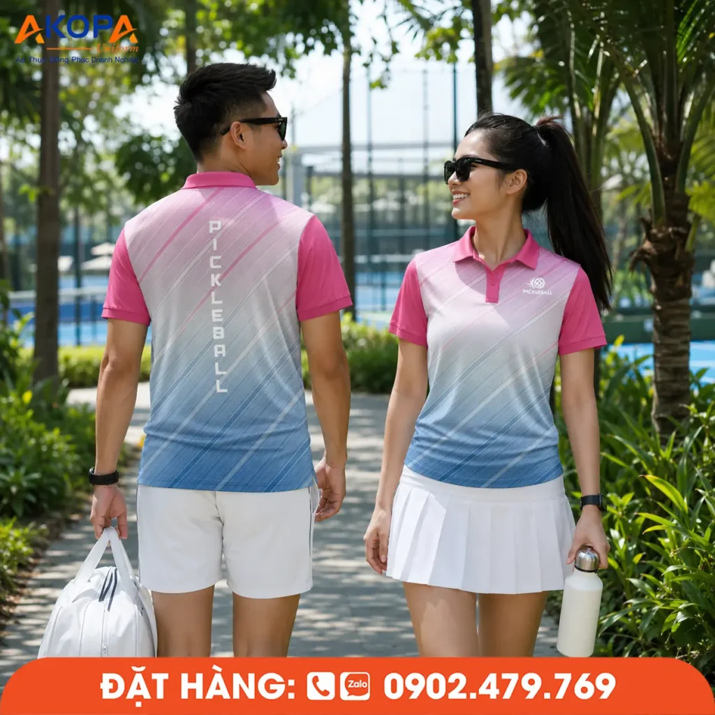 Mẫu áo Pickleball phối hồng chuyển xanh trẻ trung, hiệu ứng chuyển màu mềm mại tạo điểm nhấn nổi bật. Chất vải nhẹ, co giãn, thấm hút mồ hôi tốt, phù hợp thi đấu, tập luyện và đồng phục câu lạc bộ.