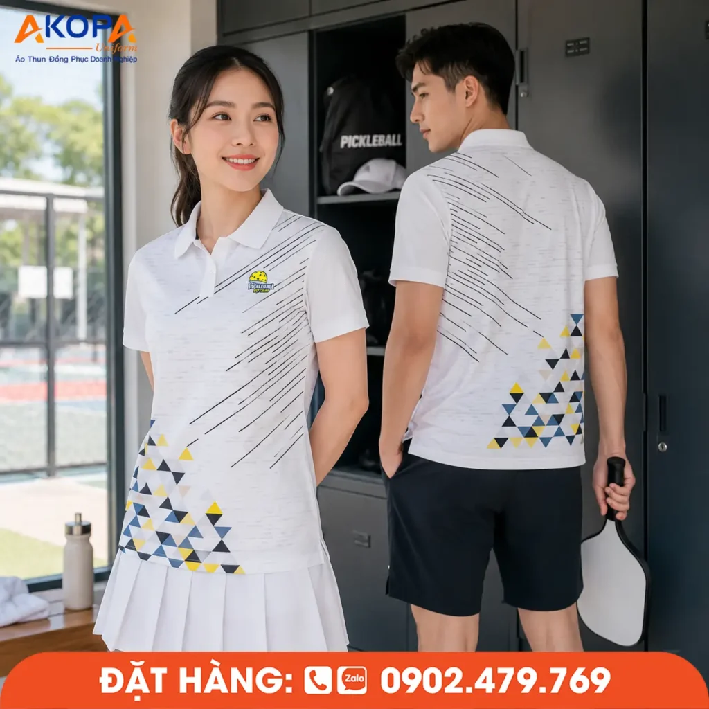 Mẫu áo đồng phục Pickleball có cổ sở hữu họa tiết hình học tối giản, tạo điểm nhấn tinh tế nhưng vẫn giữ phong cách thể thao hiện đại. Hình ảnh thể hiện rõ thiết kế mặt trước và mặt sau trong khu vực locker, giúp khách hàng dễ hình dung tổng thể mẫu áo khi mặc thực tế.
