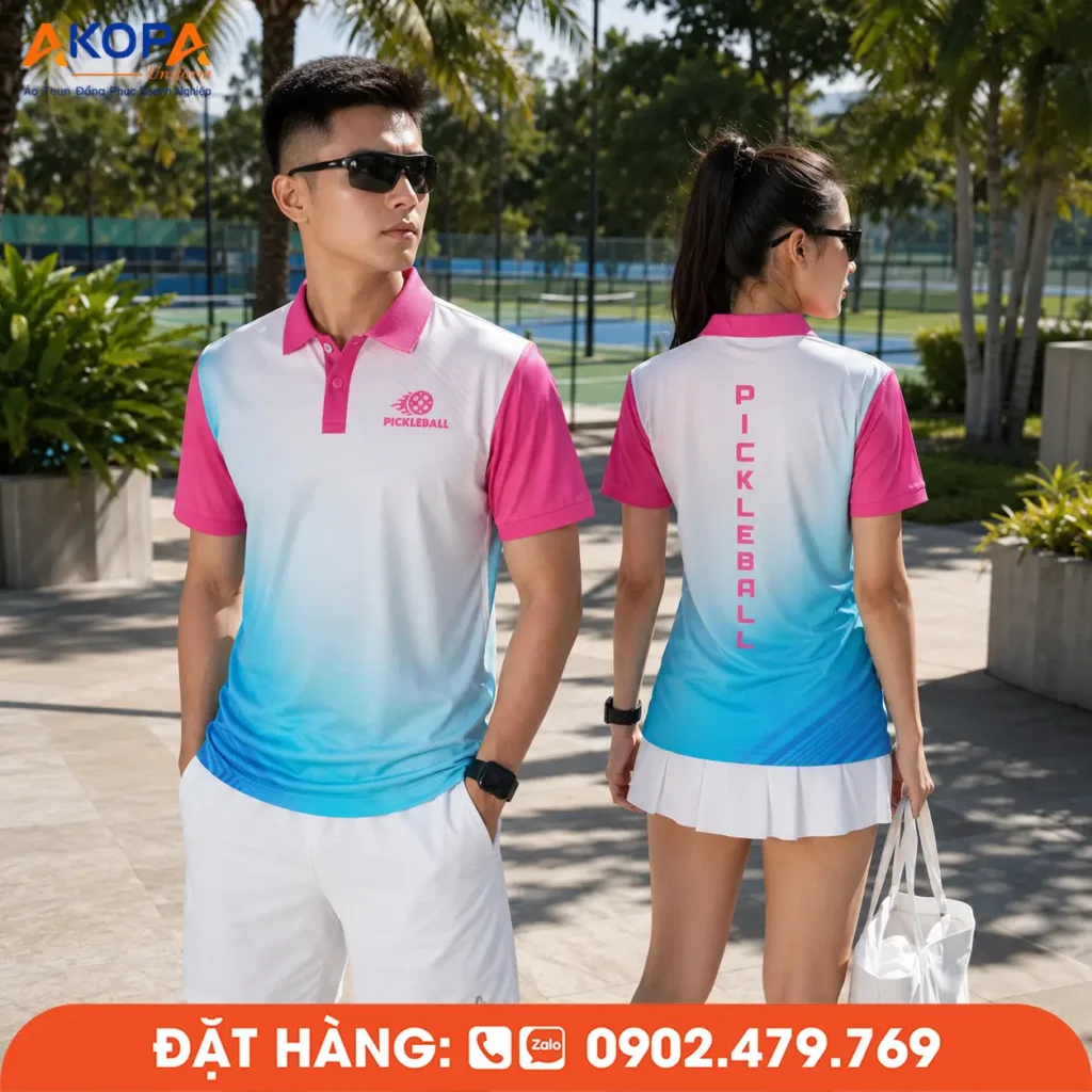 Mẫu áo Pickleball phối hồng và xanh chuyển sắc hài hòa, mang phong cách trẻ trung, năng động. Thiết kế tối giản, chất vải co giãn, thoáng khí, thấm hút tốt, phù hợp thi đấu, tập luyện và đồng phục đội nhóm.