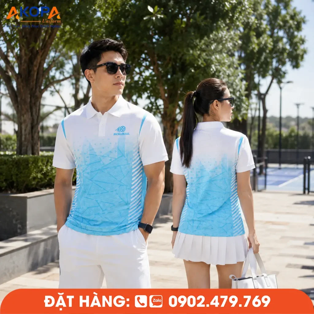 Mẫu áo Pickleball trắng phối xanh với họa tiết hình học tinh tế, mang phong cách thể thao hiện đại. Chất liệu co giãn, thoáng khí, thấm hút mồ hôi nhanh, phù hợp thi đấu, tập luyện và đồng phục câu lạc bộ.