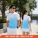 Mẫu áo Pickleball trắng phối xanh với họa tiết hình học tinh tế, mang phong cách thể thao hiện đại. Chất liệu co giãn, thoáng khí, thấm hút mồ hôi nhanh, phù hợp thi đấu, tập luyện và đồng phục câu lạc bộ.