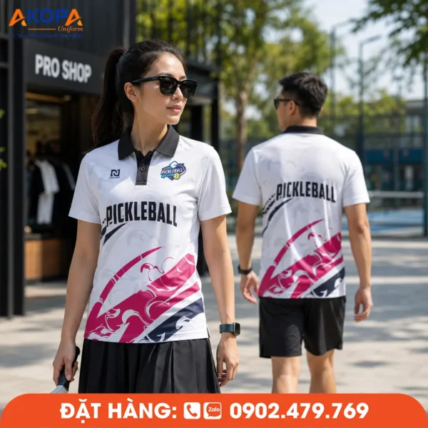 Áo Đồng Phục Pickleball Trắng Phối Hồng Và Đen – PK175