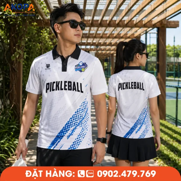 Áo Đồng Phục Pickleball Trắng Phối Xanh Dương – PK176