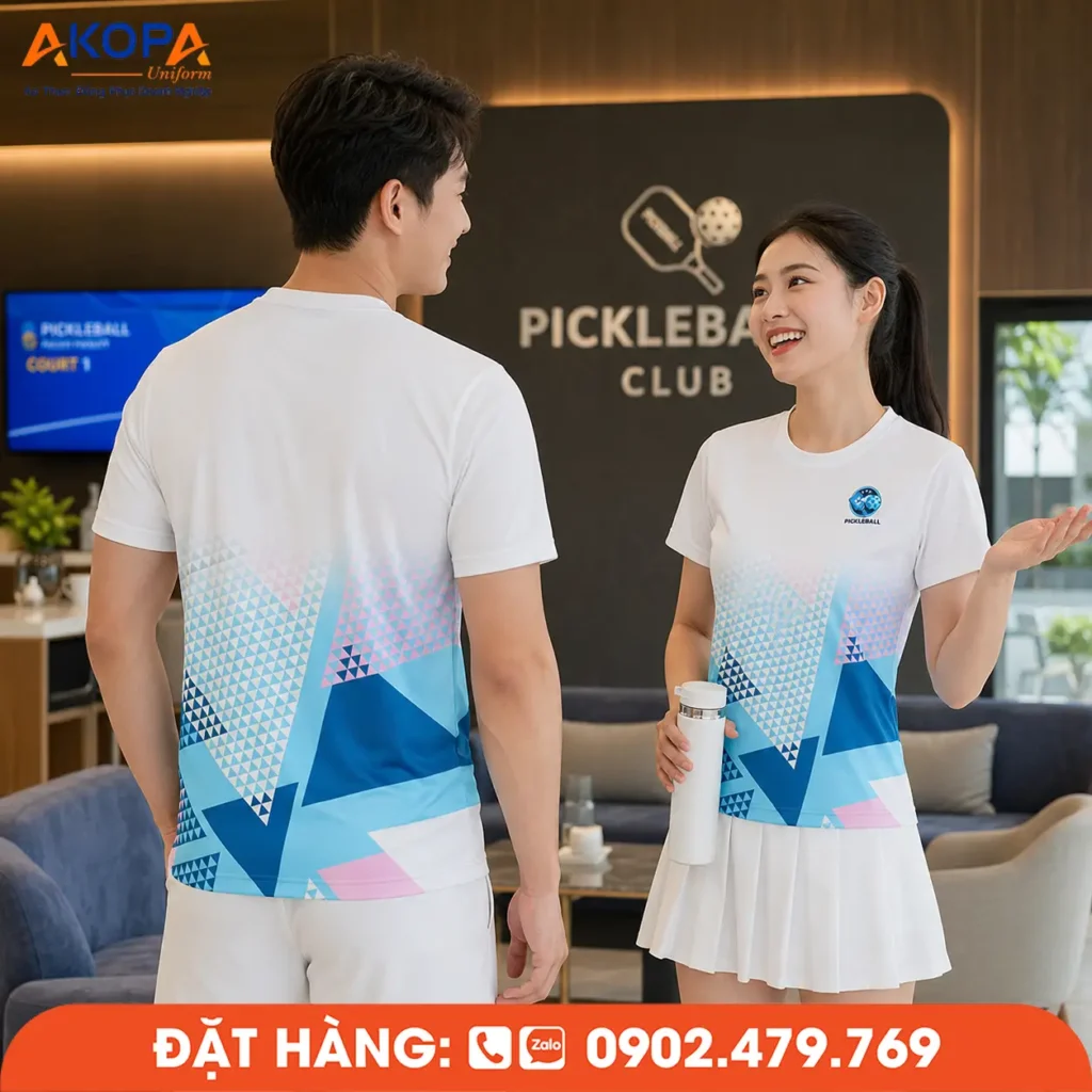 Mẫu áo đồng phục Pickleball nổi bật với họa tiết hình học xanh pastel ở thân áo, mang phong cách trẻ trung và hiện đại. Hình ảnh được chụp tại khu vực sảnh câu lạc bộ, tái hiện không gian giao lưu của người chơi và giúp khách hàng dễ hình dung mẫu áo trong môi trường Pickleball thực tế.