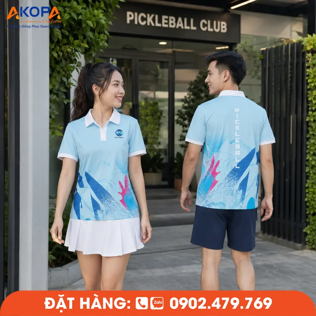 Mẫu áo đồng phục Pickleball có cổ được chụp tại lối vào câu lạc bộ, mang đến cảm giác năng động và chuyên nghiệp. Thiết kế phối xanh pastel cùng họa tiết chuyển màu hiện đại giúp mẫu áo nổi bật, phù hợp cho đội tuyển, câu lạc bộ và các hoạt động thi đấu, giao lưu Pickleball.