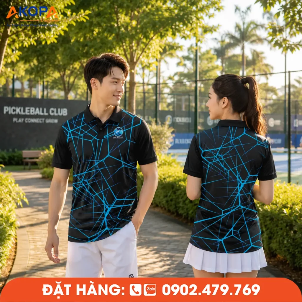 Mẫu áo đồng phục Pickleball có cổ tông đen phối họa tiết đường nét xanh nổi bật, tạo phong cách mạnh mẽ và hiện đại. Hình ảnh được thực hiện trên lối dạo trong khuôn viên sân Pickleball, làm nổi bật thiết kế toàn diện của mẫu áo trong không gian thể thao ngoài trời.