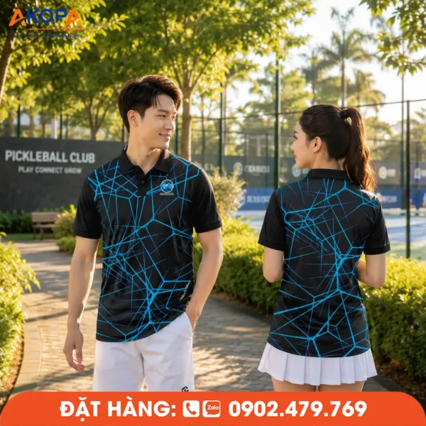 Áo Đồng Phục Pickleball Đen Phối Họa Tiết Đường Nét Xanh – PK136