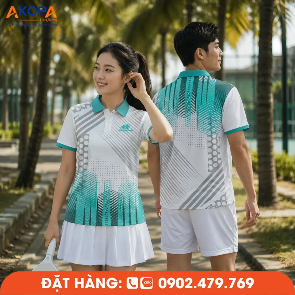 Mẫu áo đồng phục Pickleball có cổ gây ấn tượng với họa tiết lấy cảm hứng từ đường nét kiến trúc hiện đại, kết hợp gam màu xanh ngọc và xám tạo cảm giác thanh lịch. Hình ảnh ghi lại khoảnh khắc dạo bộ dưới hàng cây trong khuôn viên sân Pickleball, làm nổi bật vẻ đẹp của thiết kế khi mặc trong môi trường thực tế.