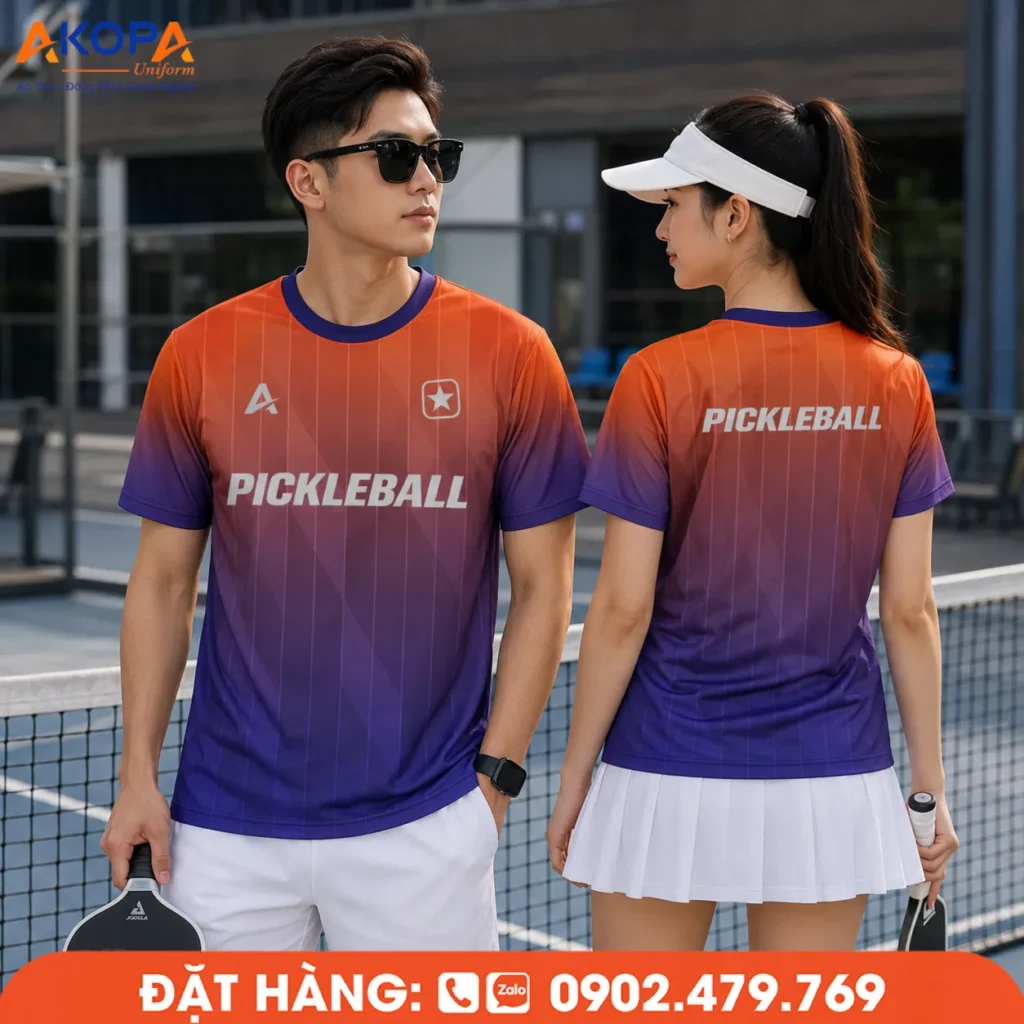 Áo đồng phục pickleball cổ tròn phối màu cam chuyển tím nổi bật, thiết kế thể thao hiện đại, chất vải thoáng khí, co giãn tốt, phù hợp luyện tập và thi đấu theo đội nhóm.