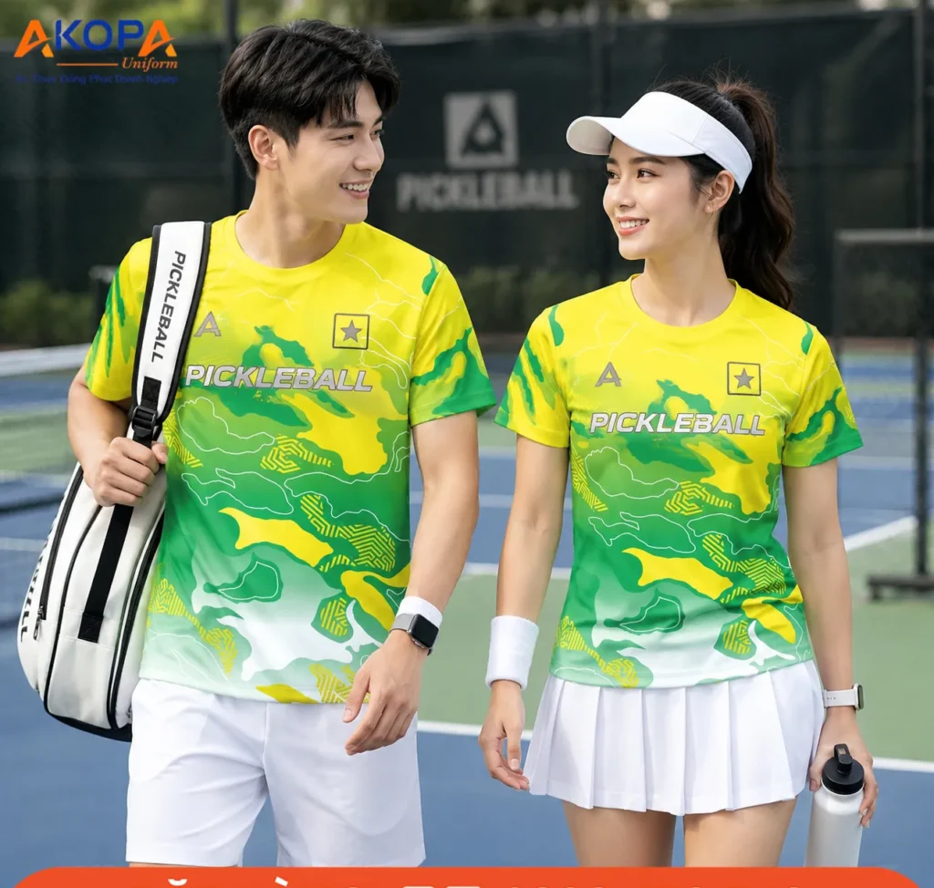 Áo đồng phục pickleball cổ tròn phối tông vàng và xanh lá nổi bật với họa tiết trừu tượng độc đáo, chất liệu co giãn, thoáng khí, thích hợp cho luyện tập, thi đấu và hoạt động câu lạc bộ.