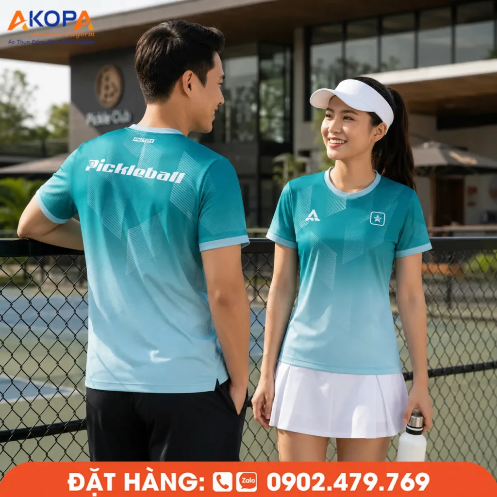 Áo đồng phục pickleball cổ tròn màu xanh ngọc chuyển xanh nhạt với họa tiết hình học tinh tế, thiết kế thanh lịch, chất liệu thoáng mát, phù hợp cho câu lạc bộ, đội tuyển và hoạt động thể thao ngoài trời.