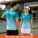 Áo đồng phục pickleball cổ tròn màu xanh ngọc chuyển xanh nhạt với họa tiết hình học tinh tế, thiết kế thanh lịch, chất liệu thoáng mát, phù hợp cho câu lạc bộ, đội tuyển và hoạt động thể thao ngoài trời.