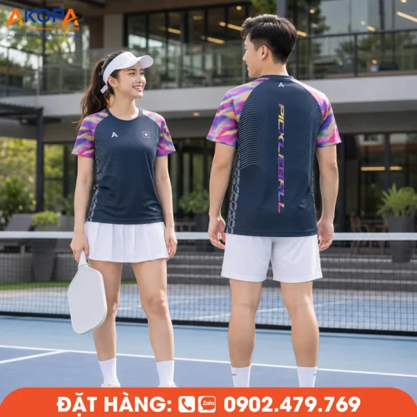 Áo Đồng Phục Pickleball Xanh Đen Phối Tay Áo Họa Tiết Đa Sắc – PK112