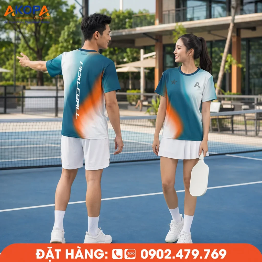 Áo đồng phục pickleball cổ tròn phối xanh teal cùng hiệu ứng chuyển màu cam nổi bật, thiết kế hiện đại với điểm nhấn chữ dọc mặt sau, mang đến phong cách năng động cho đội nhóm Pickleball.