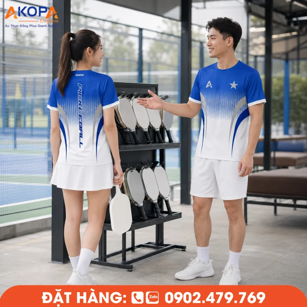 Áo đồng phục pickleball cổ tròn phối xanh dương và trắng với hiệu ứng chuyển sắc hiện đại, thiết kế khỏe khoắn, nổi bật cùng dòng chữ dọc mặt sau, phù hợp cho đội nhóm và câu lạc bộ Pickleball.