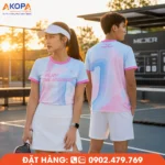 Áo đồng phục pickleball cổ tròn phối trắng hồng xanh pastel trẻ trung, thiết kế "Play The Moment" nổi bật, chất liệu thoáng khí, co giãn 4 chiều, thấm hút mồ hôi nhanh, phù hợp cho thi đấu, luyện tập và đồng phục câu lạc bộ Pickleball.