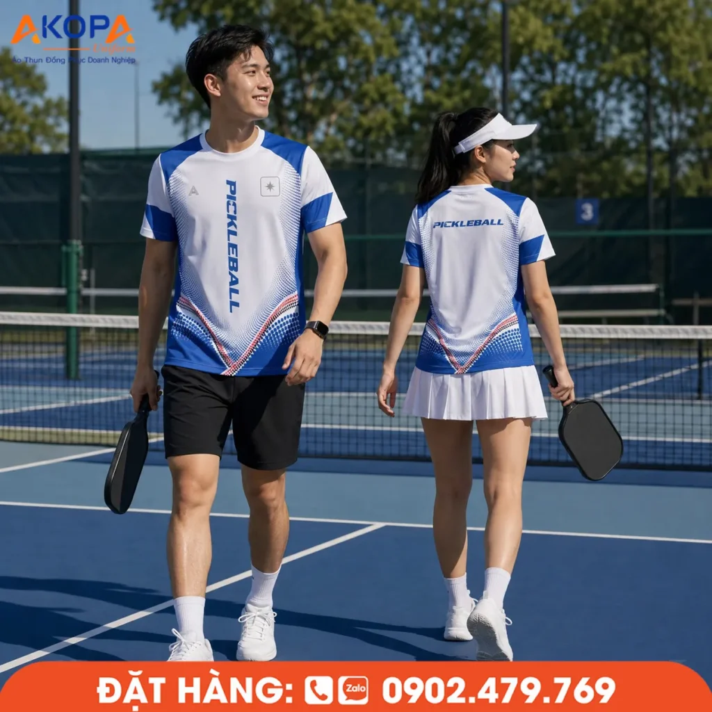 Áo đồng phục pickleball cổ tròn phối trắng xanh thể thao, thiết kế hiện đại với điểm nhấn chữ "Pickleball" nổi bật, chất liệu co giãn 4 chiều, thoáng khí, thấm hút mồ hôi nhanh, phù hợp cho thi đấu, luyện tập và đồng phục câu lạc bộ Pickleball.